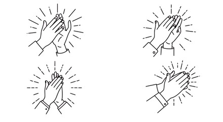 Outline drawing of clapping hands with radiating lines signifying applause and appreciation. Concept for success celebration, achieving goals, and public recognition