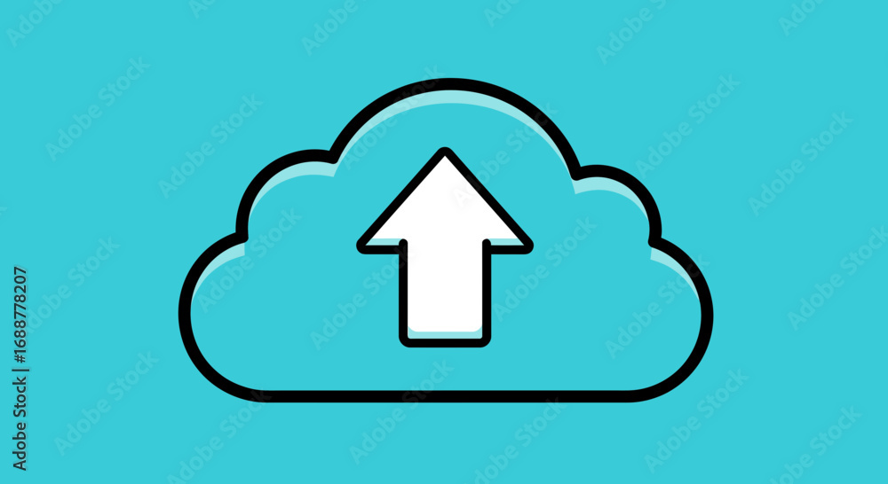 Poster illustrated cloud with white arrow pointing up against a cyan background, concept for file uploading