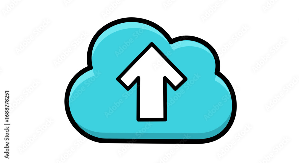 Poster illustration of a light blue cloud with a white arrow pointing upwards with black outline, concept f