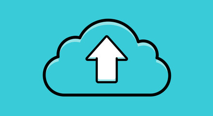 Illustrated cloud with white arrow pointing up against a cyan background, concept for file uploading, data transfer and cloud computing services platform