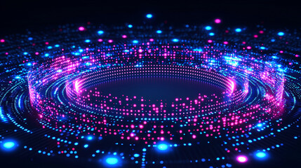 Swirling vortex of vibrant blue and pink digital particles creates mesmerizing, futuristic pattern against dark background, evoking sense of motion and energy