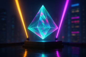 Cyberpunk rooftop with holographic pyramid display and neon spotlight beams