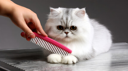 Hand gently brushes wet fur of Persian cat with comb, showcasing cat fluffy coat and expressive eyes