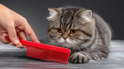 Hand gently brushes wet fur of Persian cat with red comb, showcasing cat beautiful features and soft texture