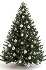 Fototapeta premium Festive christmas tree with silver ornaments and star topper