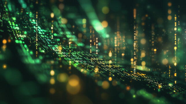 Swirling vortex of binary digits creates dynamic data stream, glowing in shades of green and gold. abstract digital landscape evokes sense of futuristic technology and information flow