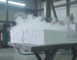 White block emitting vapor in industrial workshop setting