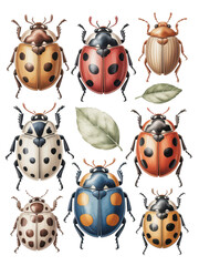 Colorful Ladybugs and Leaves Watercolor Illustration on White Background