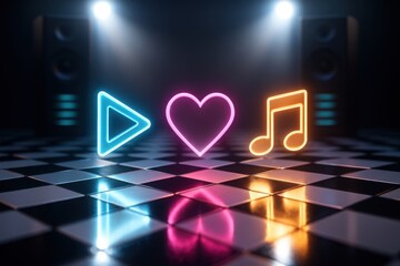 Disco stage floor with glowing music notes, holographic play icons, and neon heart
