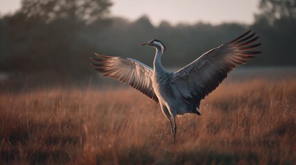 Fototapeta premium Majestic crane bird spreading wings wildlife photography avian beauty graceful flight nature scene outdoors