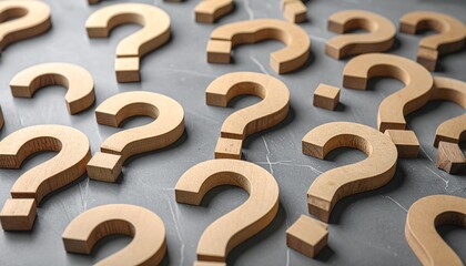 "Scattered Wooden Question Marks on Dark Surface Representing Curiosity and Problem-Solving"