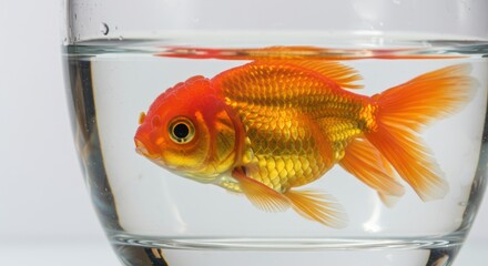 A single orange goldfish swimming inside a clear glass.