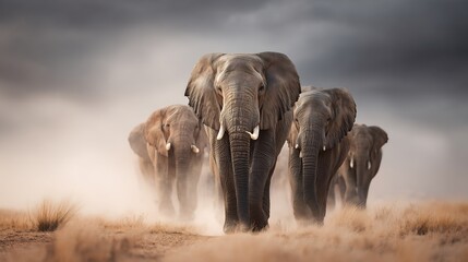 Obraz premium African elephants herd walking through dust in savannah wildlife photography adventure travel safari