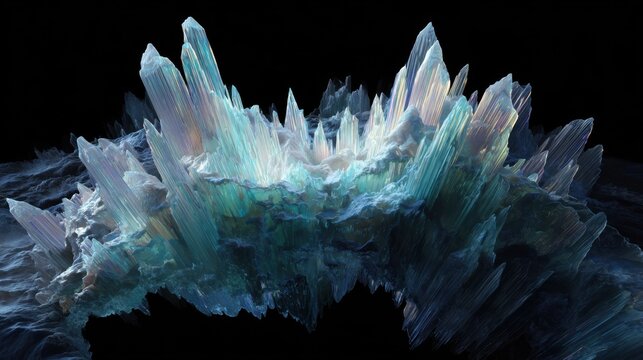 A remarkable crystal formation displays sharp peaks and translucent surfaces, reflecting a spectrum of colors. Its intricate structure suggests a whimsical natural beauty, inviting admiration.
