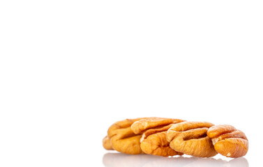Peeled pecan nuts isolated on white background, close-up.