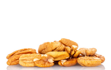 Peeled pecan nuts isolated on white background, close-up.