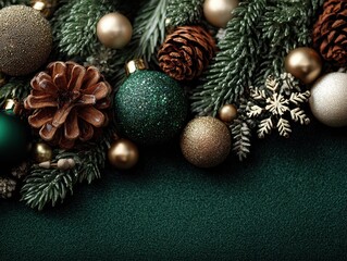Elegant holiday decorations featuring green and gold ornaments on pine branches for festive celebrations