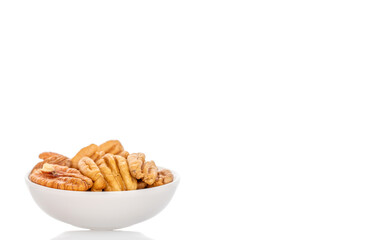 Peeled pecan nuts isolated on white background, close-up.