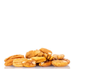 Peeled pecan nuts isolated on white background, close-up.