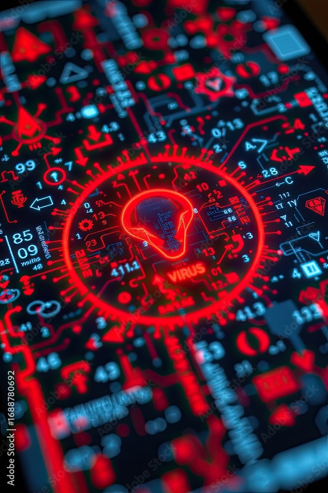 Poster digital virus alert with red skull and circuit patterns on dark background for tech and cybersecurit