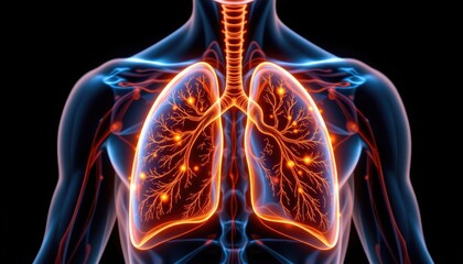 Detailed Illustration of Human Lungs with Anatomical Features Highlighted in Vibrant Colors and Glow Effects