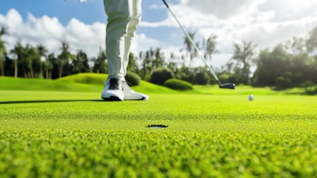 Male players playing golf on green field, one player knocks ball out on a course with club, professional sport competition activity, outdoor leisure recreation game, golfing lifestyle cinematic video 