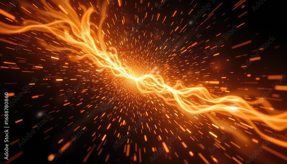 Poster dynamic flow of bright orange energy sparks with motion effects on a dark background in a surreal di