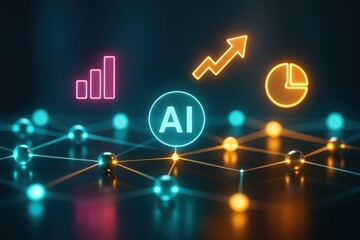 Glowing AI network nodes connected with holographic marketing icons and growth arrows