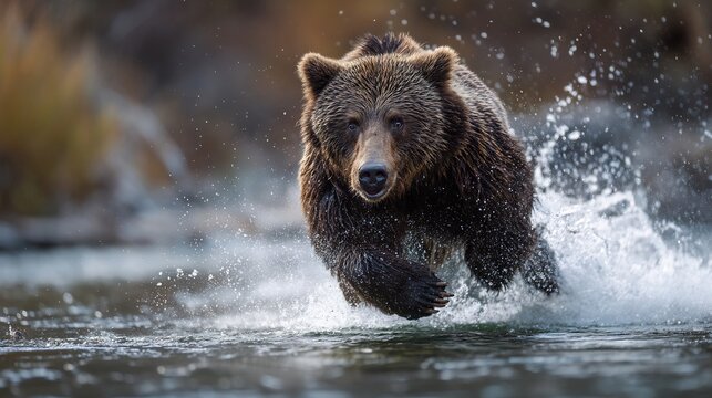 Grizzly bear running in water wildlife photography nature animal brown bear predator mammal river splash