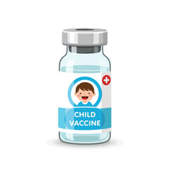 A clear glass vial containing a light blue liquid labeled 'CHILD VACCINE' with a happy child's face and a red cross symbol, on a white background.