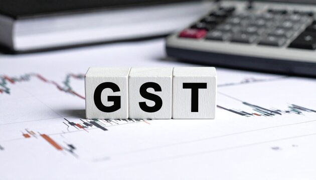GST Concept with Financial Charts and Calculator – Goods and Services Tax Analysis
