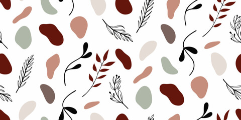 Abstract organic shapes and minimalist botanical line art pattern in earthy tones