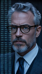 Cybersecurity Executive Portrait with Binary Code Overlay Futuristic Technology Concept