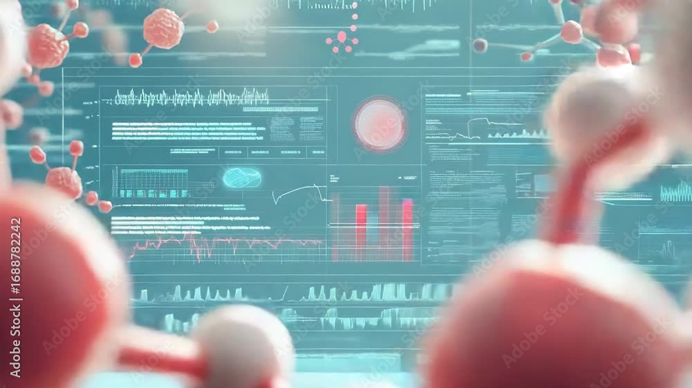 Poster molecular structures overlapping with scientific data on a screen, biochemistry research