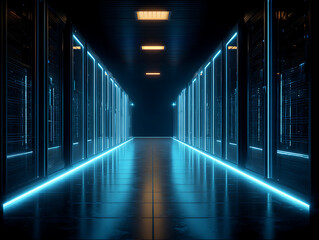 Bright blue illuminated corridor in a modern data center at night