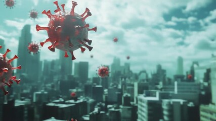 Coronavirus covid 19 virus cells floating over a city skyline, pandemic spreading concept - Powered by Adobe