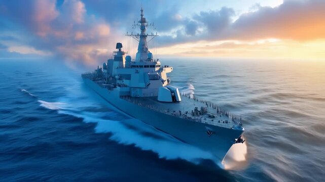 Modern naval destroyer navigating ocean waters during golden hour. Powerful military vessel cutting through waves with dramatic blue and orange sky backdrop. Tracking shot with panning camera motion.