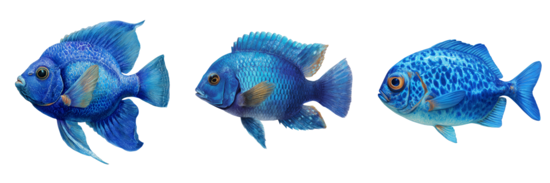Set of Exotic blue tang fish in a tropical aquarium setting, bright and detailed on transparent png background. Ai generated - Powered by Adobe
