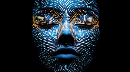 Digital face with closed eyes is covered in glowing blue and yellow dots, creating futuristic and symmetrical tribal mask effect. dark background enhances vibrant colors