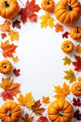 Orange and yellow autumn leaves, pumpkins, and flowers create a fall border vector illustration