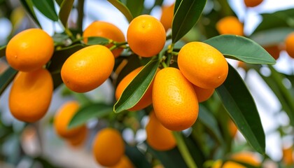 Vibrant kumquat tree laden with ripe fruits outdoors