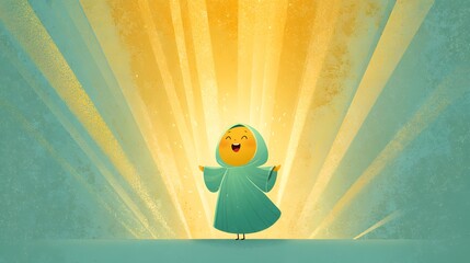 Enchanting Flat Cartoon Style Illustration of a Spiritual Character with Glowing Light Beams on a Minimalistic Background