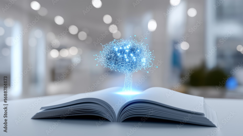 Poster open book with floating holographic brain above pages symbolizing knowledge and learning.