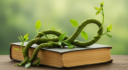 A vine with green leaves grows over a closed book, symbolizing knowledge, growth, and nature.