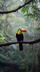 Obraz premium Colorful toucan perched on a mossy branch in a misty rainforest bird jungle photo