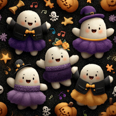 A charming Halloween pattern with kawaii-style ghosts wearing costumes, dancing skeletons in tutus, and cheerful pumpkins playing musical instruments generative AI