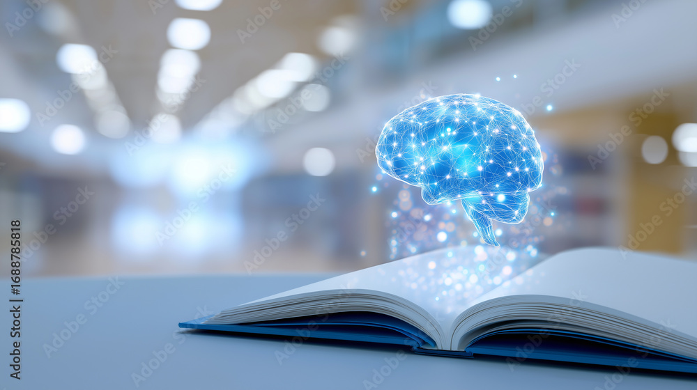 Poster open book with floating holographic brain above pages symbolizing knowledge and learning.