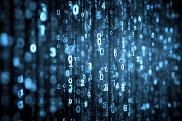 Glowing blue binary cascade—digital data flow on dark. Symbolizes AI, cloud, cybersecurity & tech innovation. Perfect for fintech, coding visuals & sci-fi interfaces.