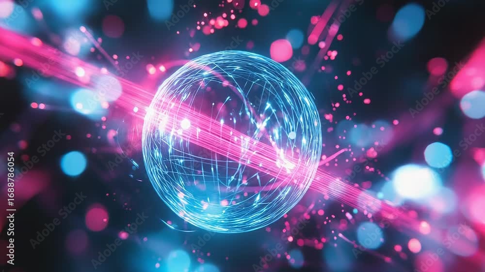 Aufkleber futuristic globe rotating with glowing lines and particles in digital space