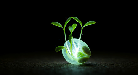 Glowing translucent egg-shaped container holding small, vibrant green sprouts against a dark background.